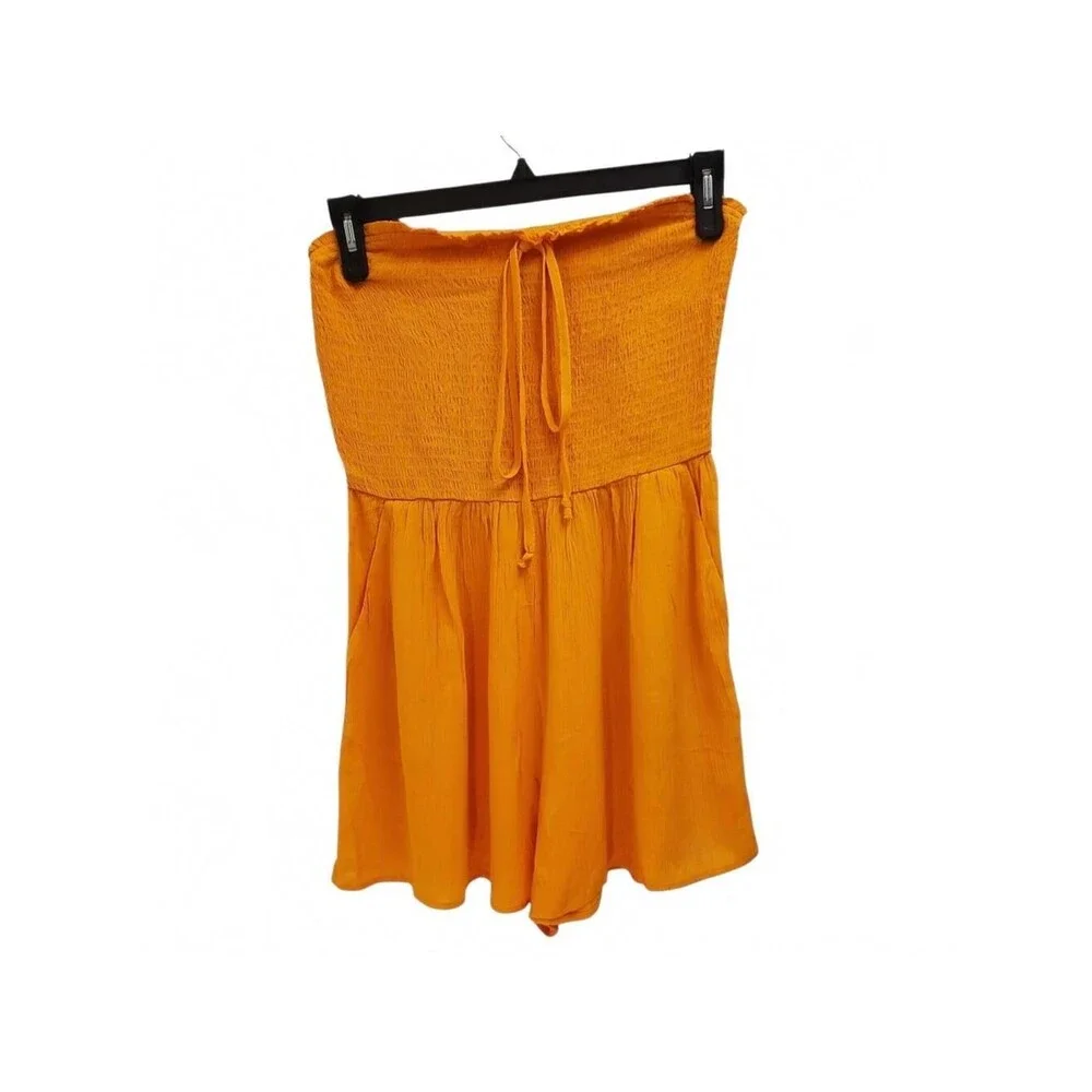 Wild Fable Women Orange Smocked Tube Romper Tie Waist Pockets Size M
